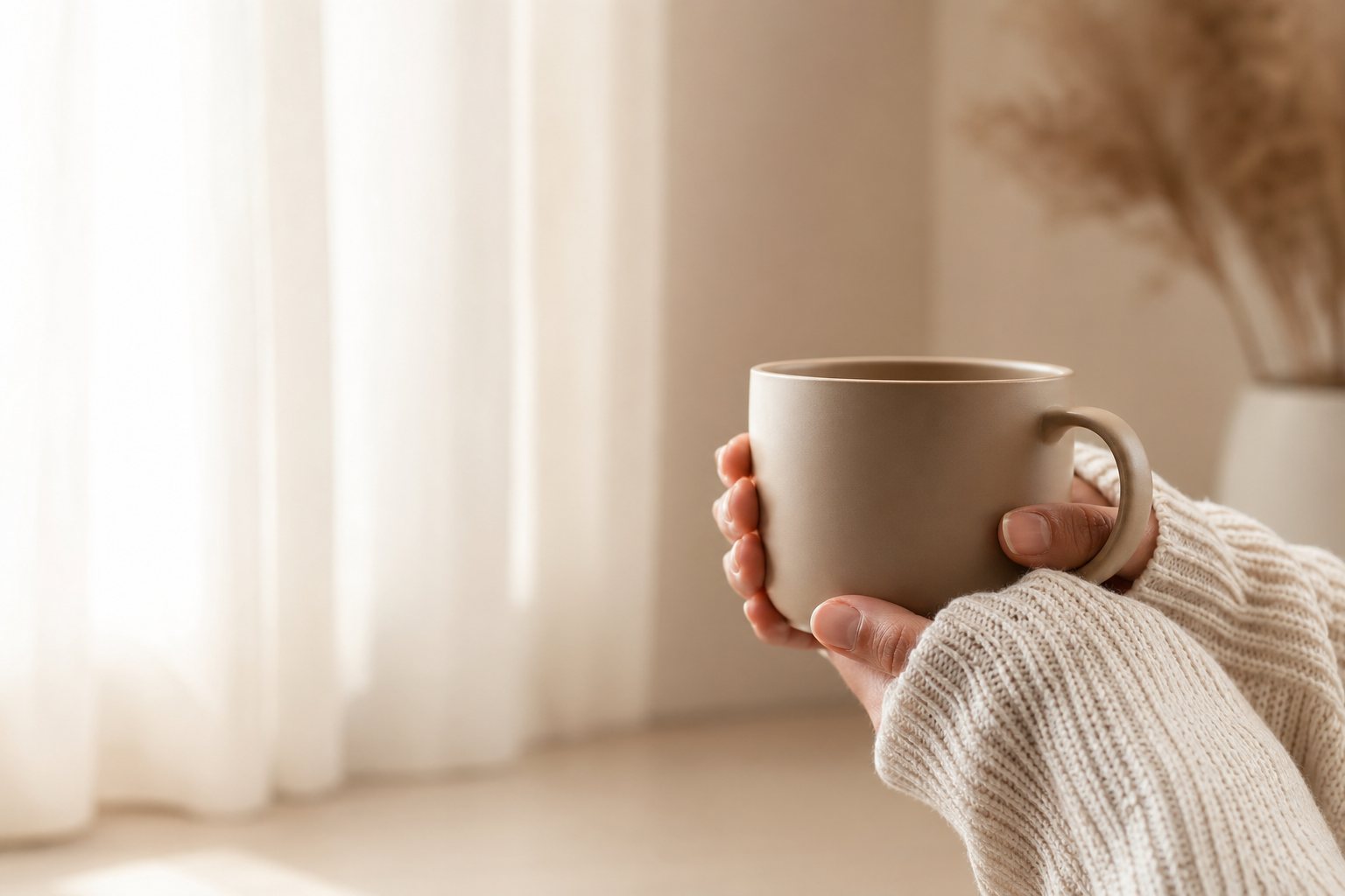 Hands holding a taupe ceramic mug near a soft window