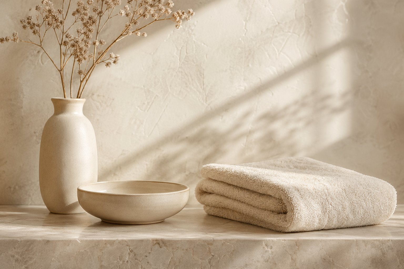 Minimal vanity with folded towel, ceramic bowl, and dried botanicals
