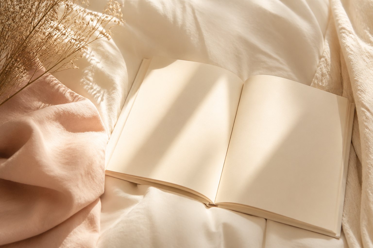 Blank journal on cream bedding with warm shadows