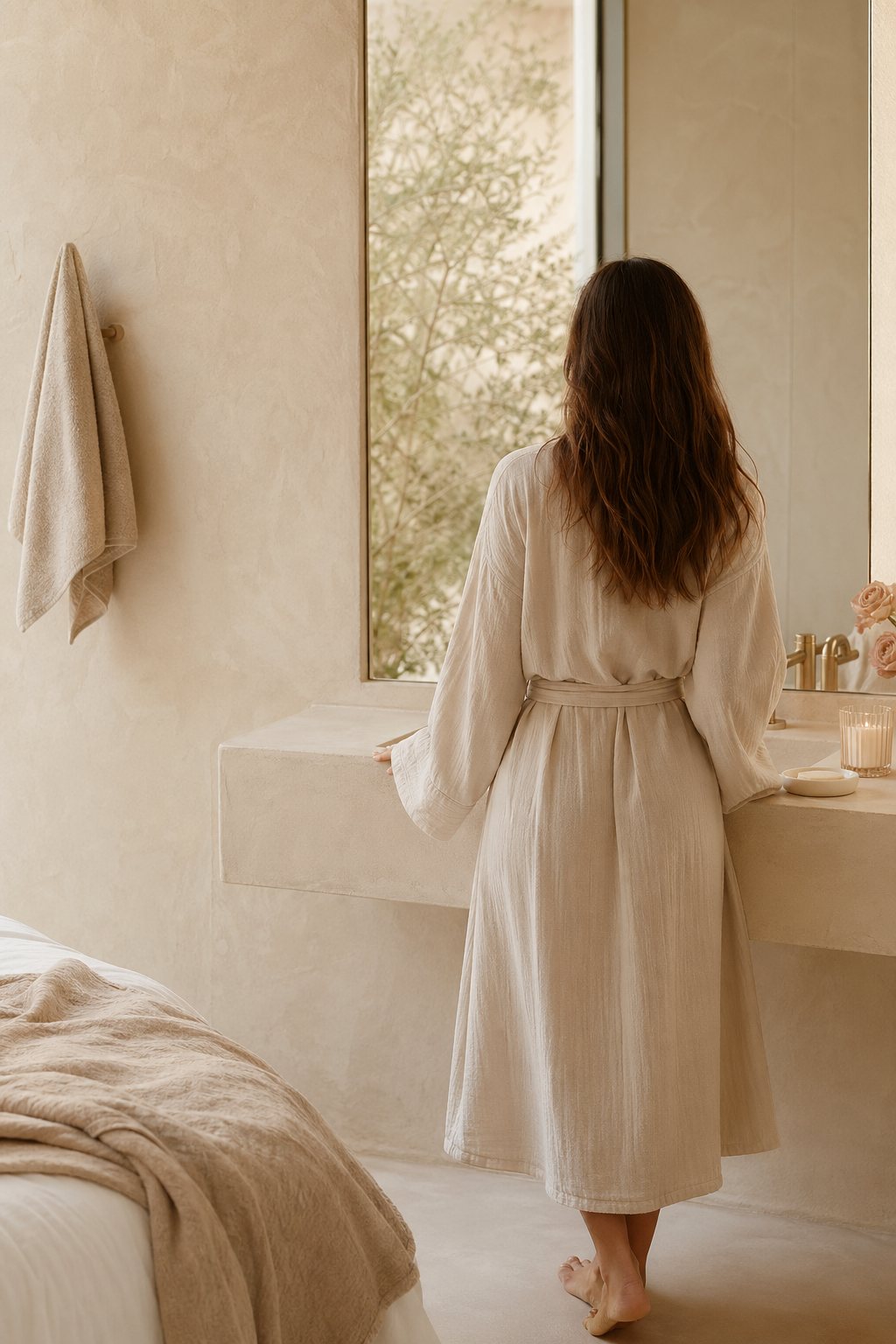 Soft Marenn ritual scene with a cream robe and warm neutral styling