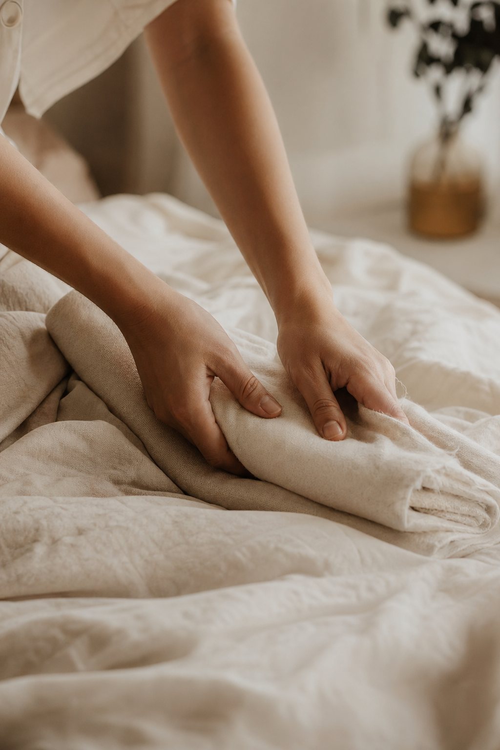 Hands smoothing soft cream linen